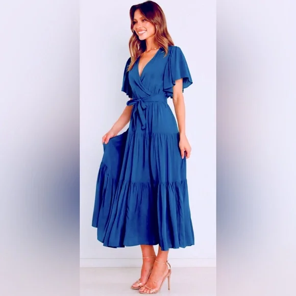Petal & Pup | Dresses | Petal Pup 2 Sleeve Barker Vneck Tiered Midi Dress  In Indigo Blue | Poshmark